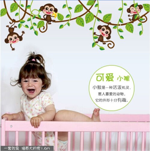 Dyreklistermærker lille abe klatretræ wallstickers mobile art deco baby dreng baby pige værelse wallstickers