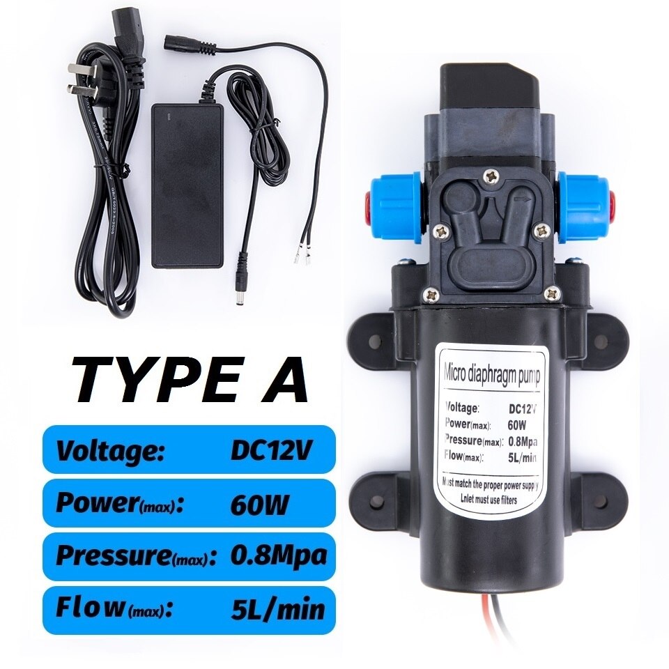 DC 12V 60W 5L/min Agricultural Electric Water Pump Black Micro High Pressure Diaphragm Pump Water Sprayer Car Wash: TYPE A and Adapter