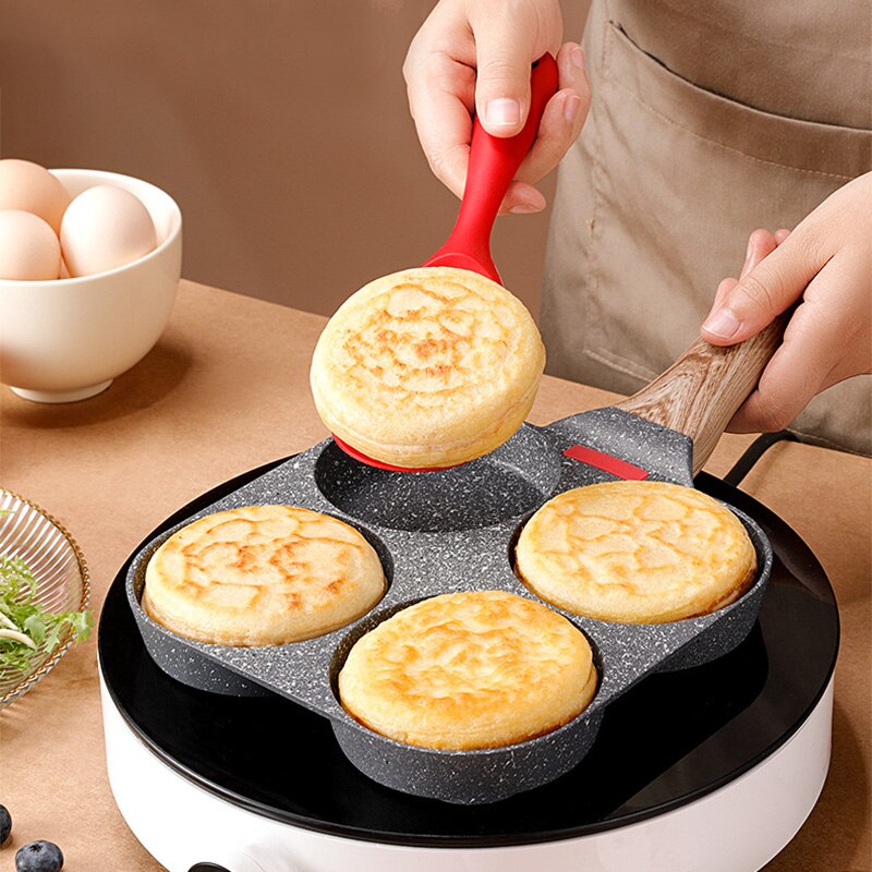 Universal 4-Hole Scrambled Egg Non-stick Frying Pan Wooden Handle Induction Cooker Gas Stove Kitchen Omelette Burger Pancake Pan