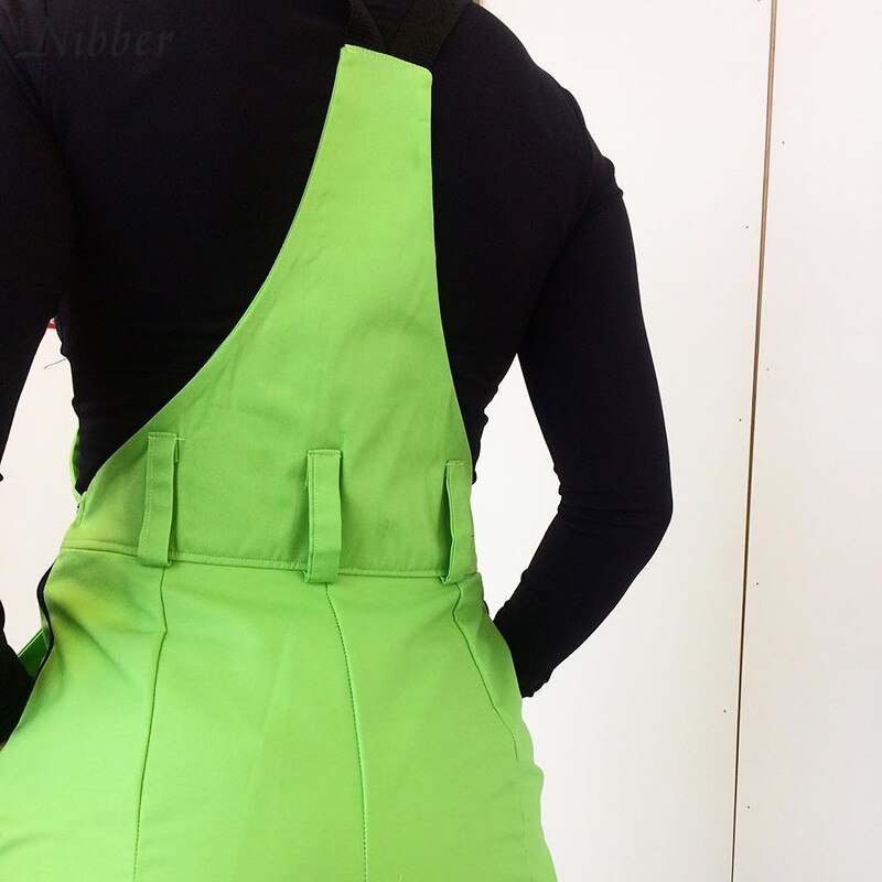 Nibber Fluorescent green Bib pants women's Street black casual pants playsuits 2019spring ladies Solid Full jumpsuits