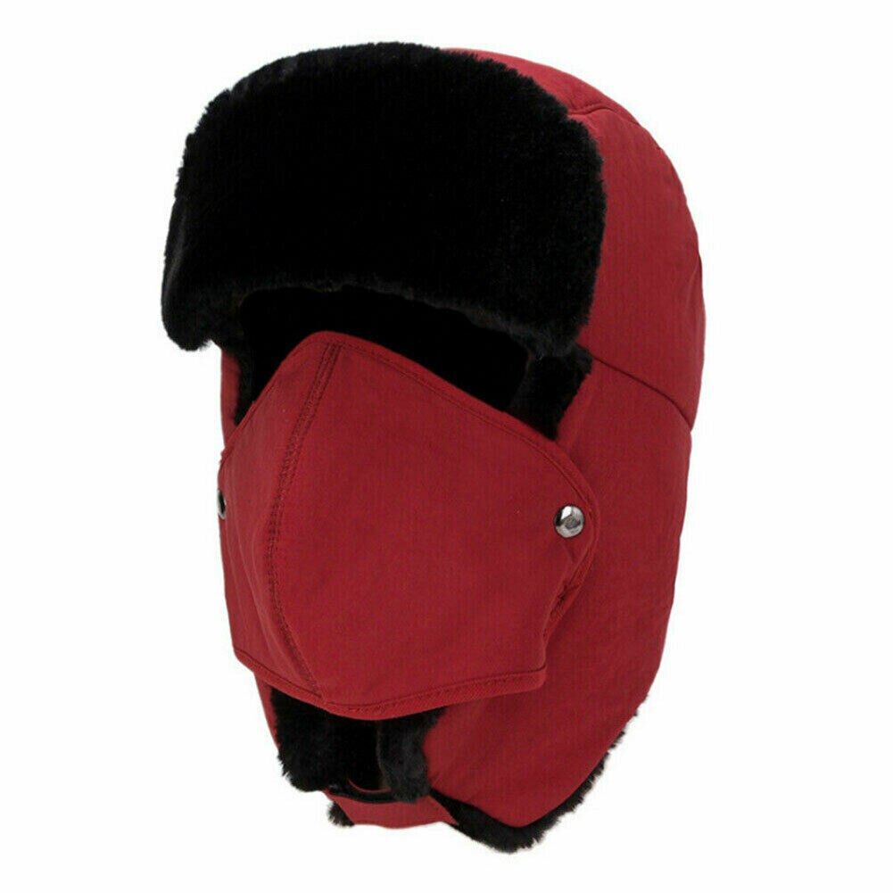 Mens Causual Trapper Aviator Trooper Hat Warm Fur Earflap Thicken Ski Mask Cap Windproof Bomber Hats Black Gray Red Khaki: Red