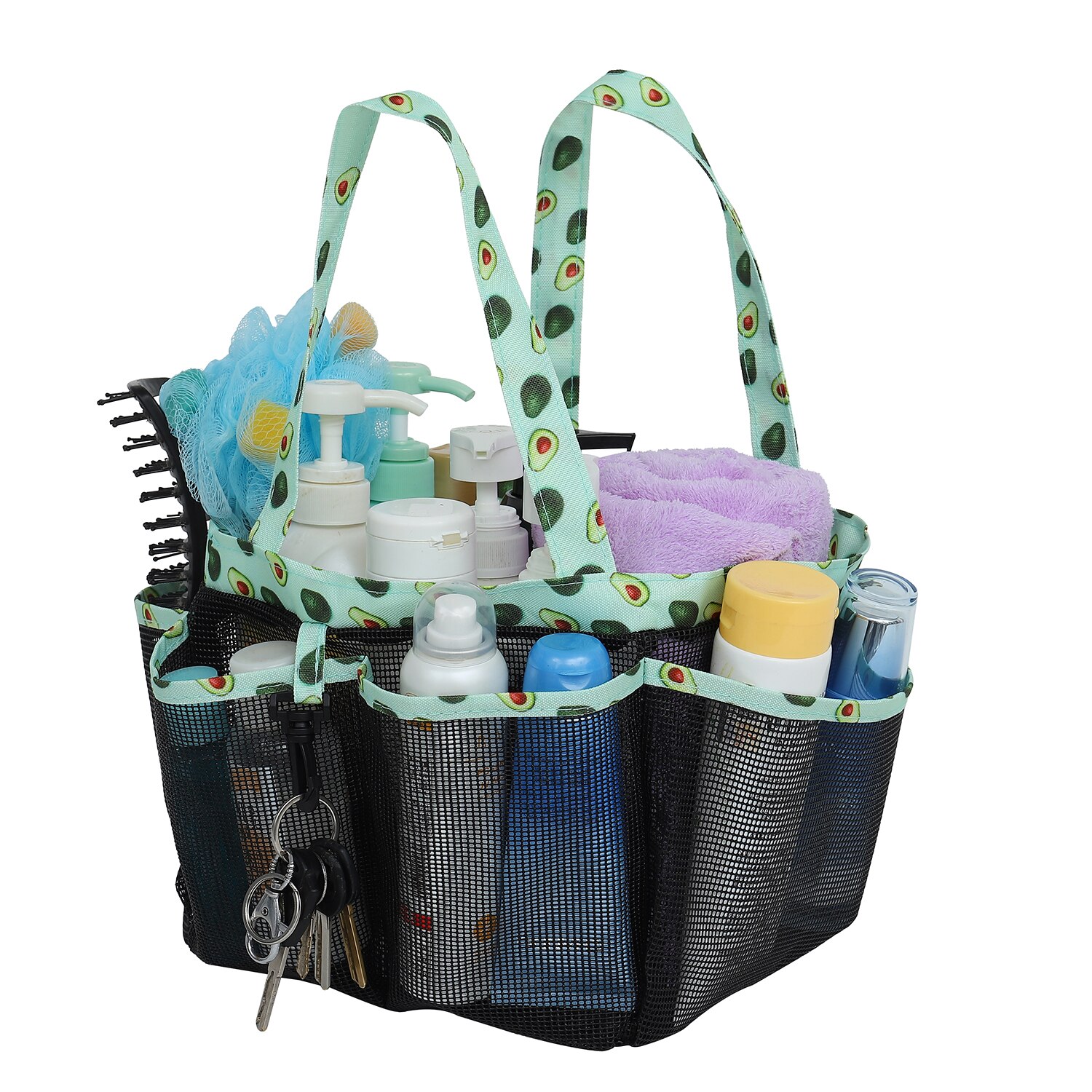 Mesh Shower Caddy Tote for College Dorm Room Essentials, Hanging Large Portable Bag Toiletry Organizer with Key Hook: Avocado Pattern