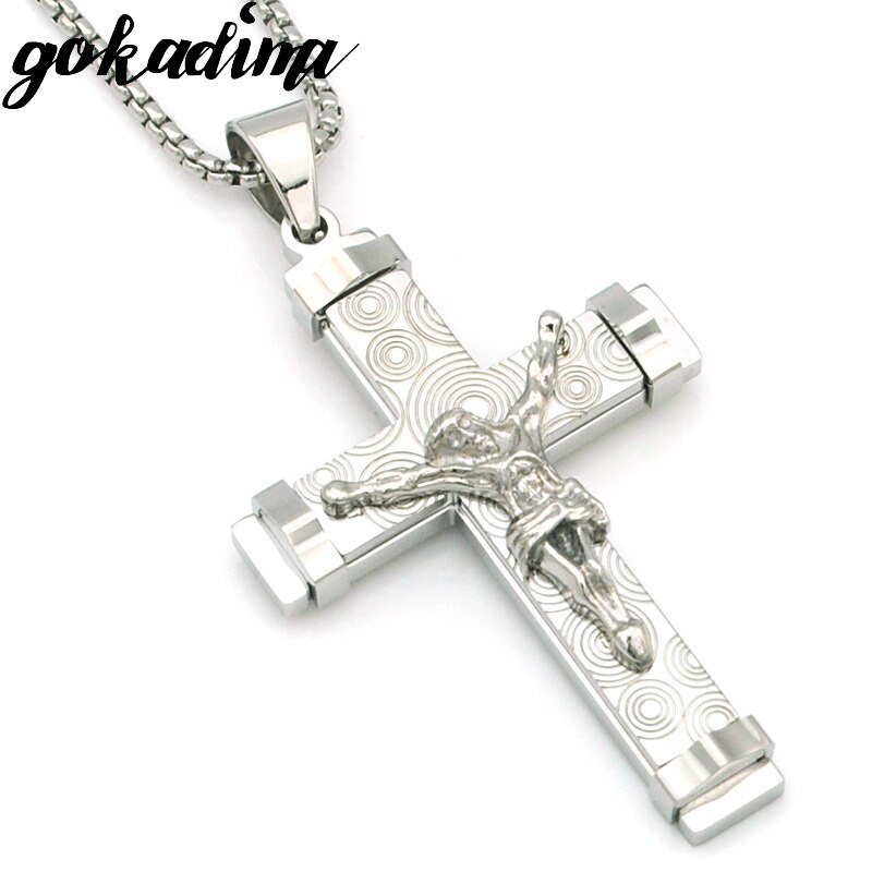 Party 316L Stainless Steel Jesus Cross Pendant Necklace Men Jewelry 20189 Round Pattern Crucifix Party Christmas P993: silver colo