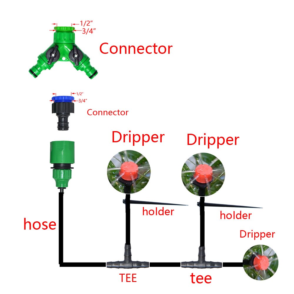 Sistema de riego por microgoteo automático para jardín, kit de autoriego por aspersión de 8 agujeros con gotero verde ajustable, 5-60M, 1/4 pulgadas