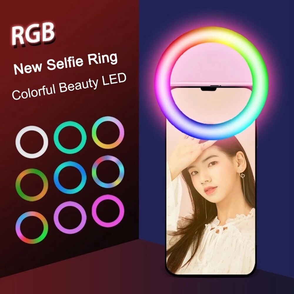 Ricarica USB RGB Flash Ring cellulare Selfie Ring Light Clip-on LED fotografia multicolore anello lampada Ringlight per telefono