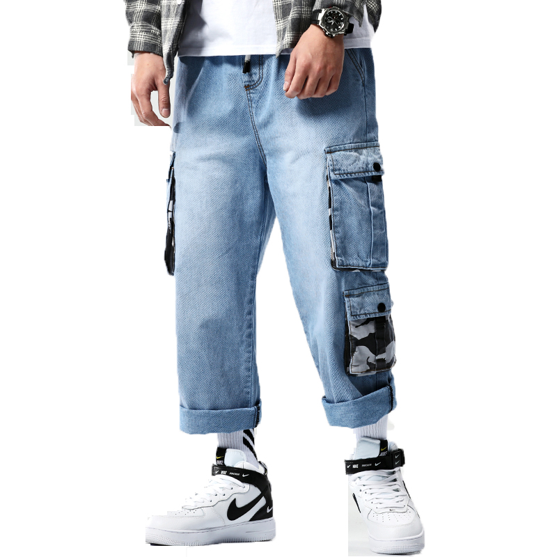 pantalones vaqueros Cargo para hombre Pantalones vaqueros azules holgados bolsillos laterales vaqueros para motociclistas pantalones vaqueros Hip Hop hasta el tobillo para hombre Pantalones para correr