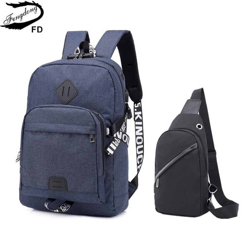 Fengdong adolescent garçons sac à dos scolaire anti-vol simple sacs d'école pour hommes mot de passe serrure sac à dos pour ordinateur portable usb sac de poitrine set sac à dos: blue