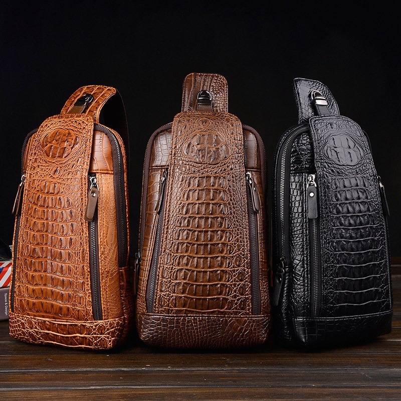 Bolso de pecho con patrón de cocodrilo de cuero para hombre, bandolera con correa ajustable, orificio para auriculares, d88
