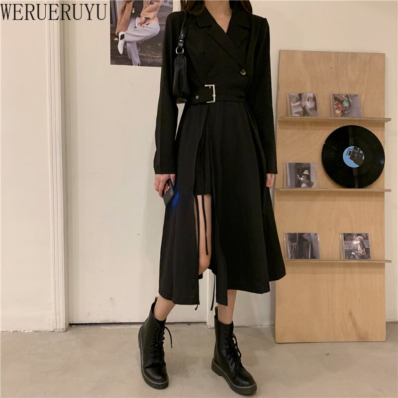 WERUERUYU-vestido negro de verano para mujer, ajustado, de cintura alta, escote en V profundo, manga larga, de ,