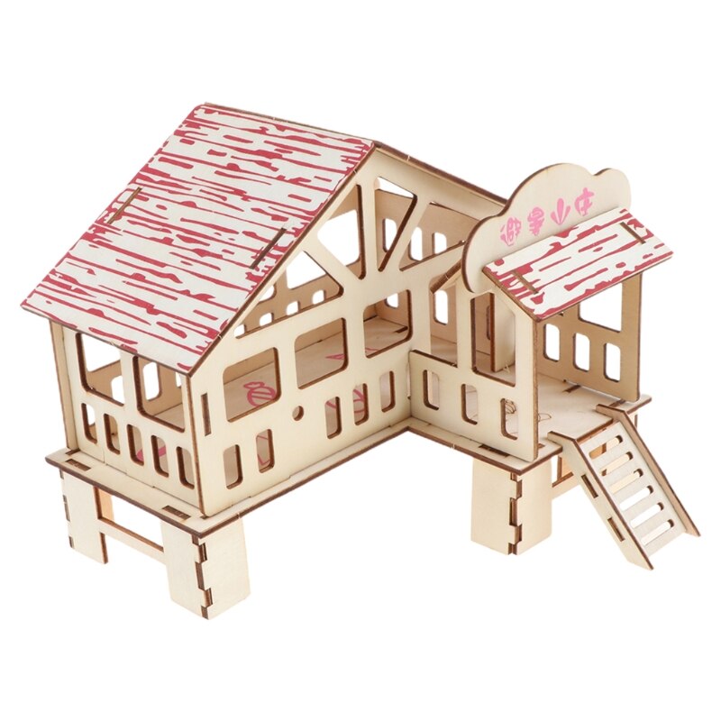 Hamster Hideout Wooden Hut Small Animals Double Layer Villa Rat Room House Cage Exercise Toy with Ladder Board