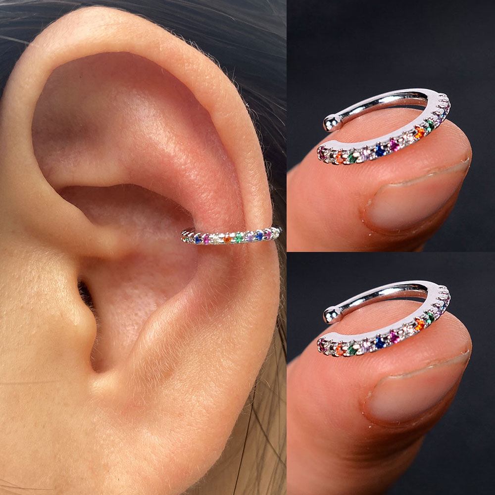 2 Stks/zak Eenvoudige Earcuff Clip On Oorbellen Voor Meisje Cz Oor Manchet Niet Doorboord Oorbel Geen Zonder Gat Vrouwen Kraakbeen oorbellen: silver rainbow