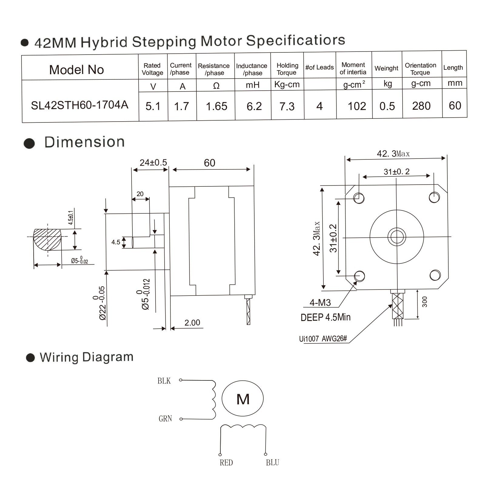 Areyourshop Metal Nema 17 Stepper Motor 17oz 1.7A 12V 24V 42 60mm 1.8° for 3D Printer Kit Parts Motor