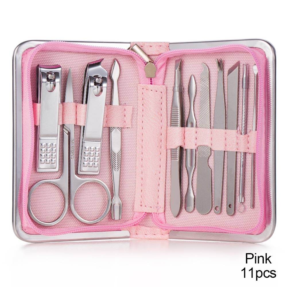 Nail Clippers Set Stainless Full Function Pedicure Tools Kit With Nail Scissors File Acne Needle Tweezers Earpick Manicure Tool: 11 pcs pink