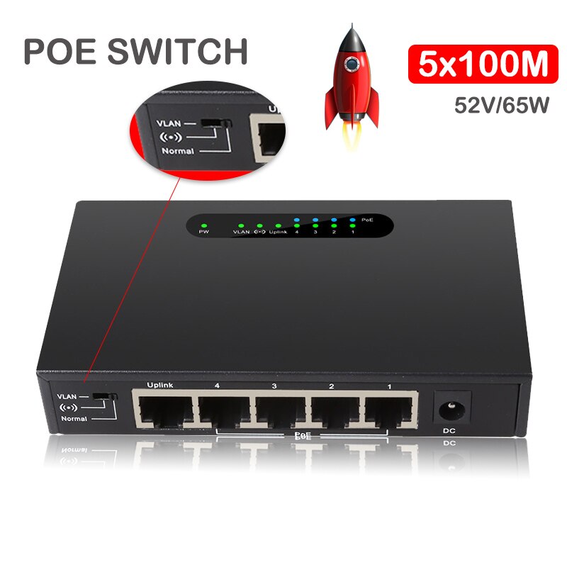 POE Switch RJ45 Ethernet Switch 4 POE Port + 1 Uplink MINI adapters Support Extend 250m 52V/65W network switch 5 Port Fast speed