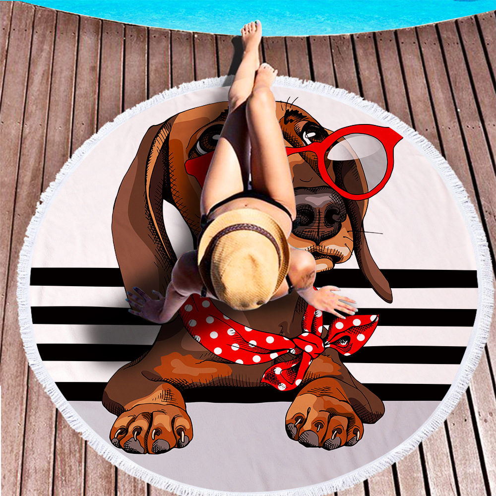 Moda jamnik motyw psa okrągły ręcznik plażowy z frędzlami mikrofibra 150cm koc piknikowy mata gobelin ST1009