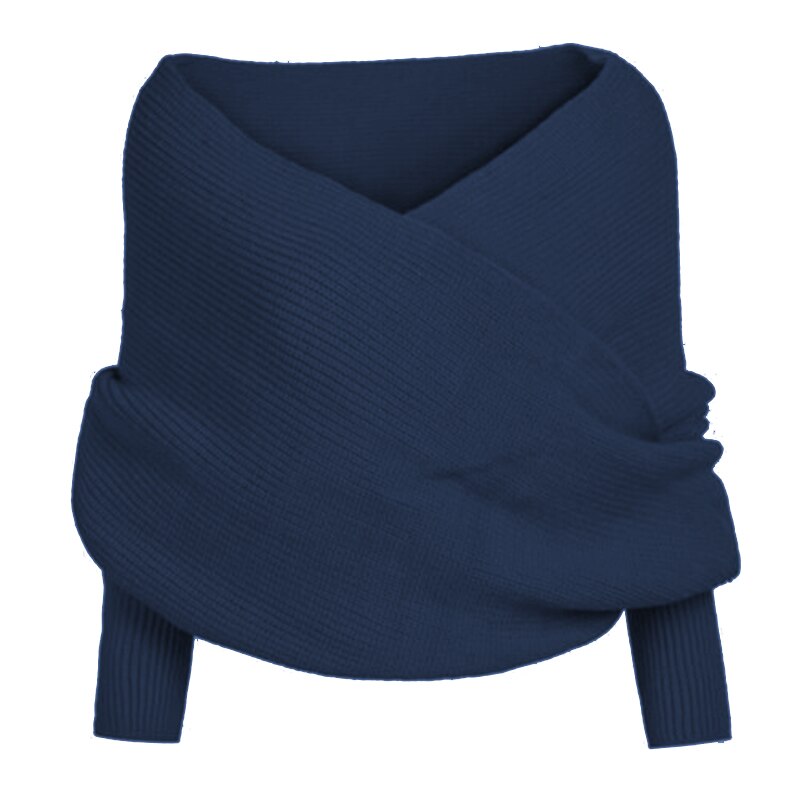 Femmes tricoté pull hauts écharpe avec manchon hiver châle foulards WHShopping: navy blue
