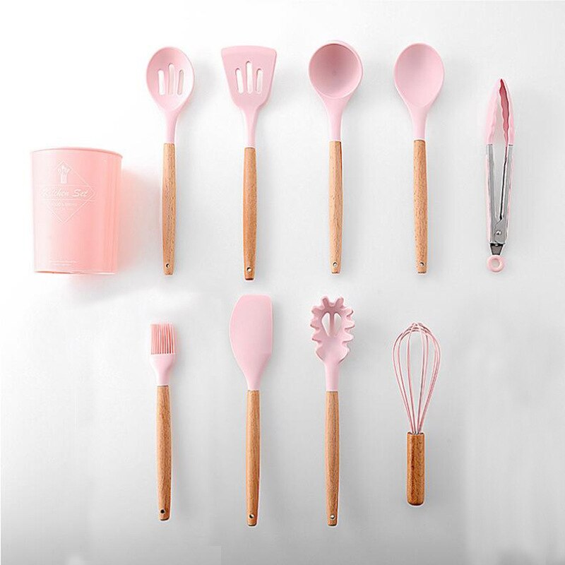Ensemble d'ustensiles de cuisine en Silicone 11 pièces, poignée en bois massif rose avec boîte de rangement, accessoires d'outils de cuisine Kit de cuisine: Pink 9pcs C