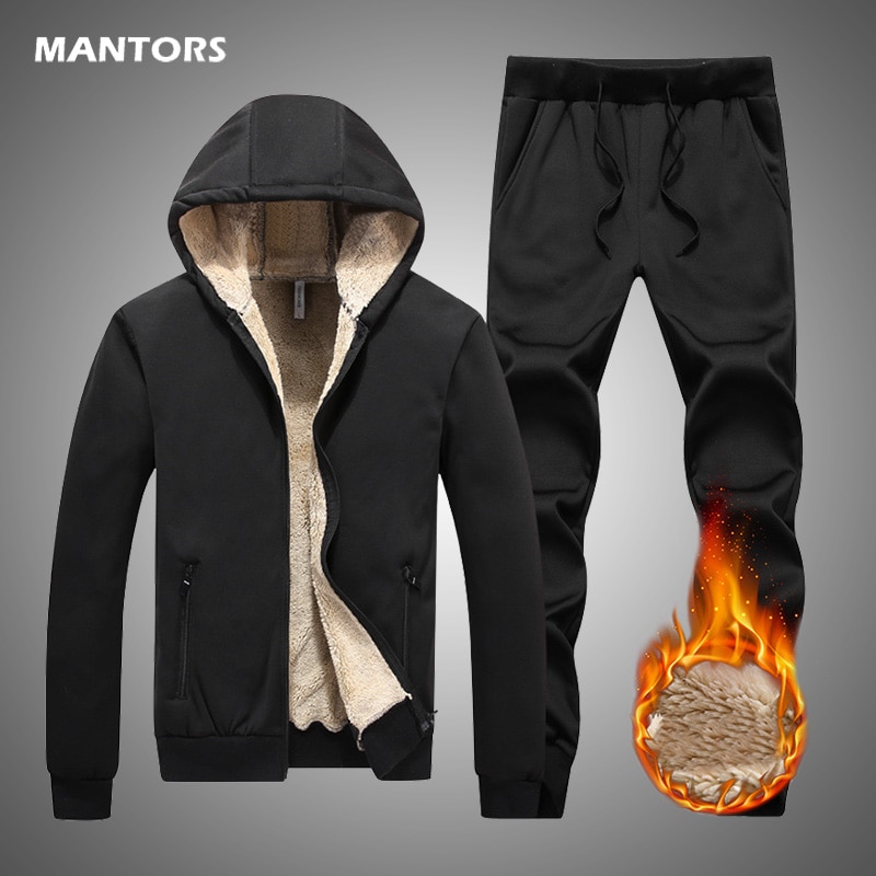 Casual Cashmere Track Suit Winter Men Tracksuit Thick Fleece Two Piece Set Pure Color Men's Set Warm Velvet Hoodies Pants Suit