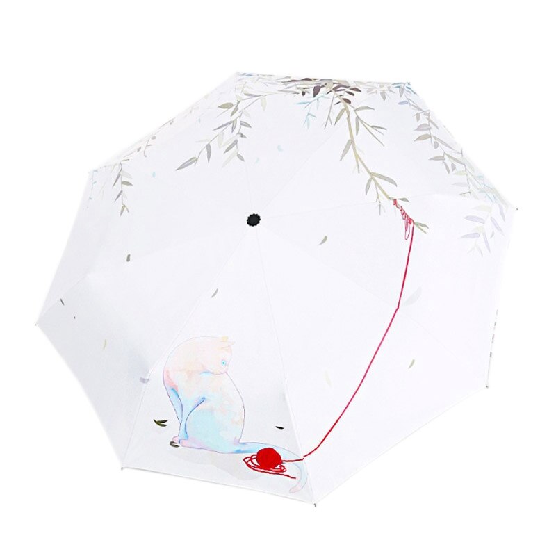 Sun Umbrella Rain Three Folding Umbrella Lovely Cat Female Parasol Four Seasons Cat Illustration Umbrella: green