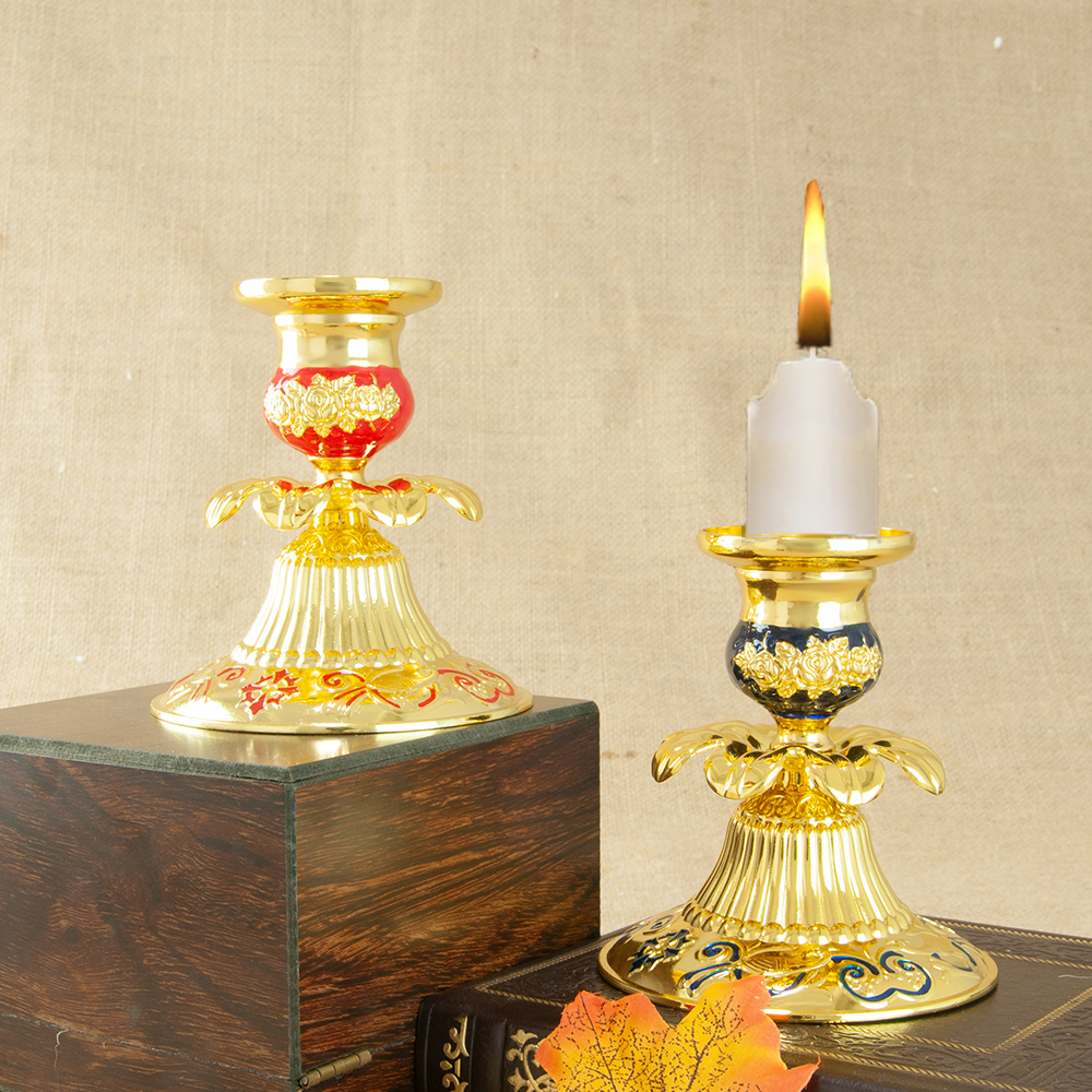 Orthodox Church Candle Holder Gold Plated Single Candlestick with Colored Enamel Religion Church Home Table Easter Decor