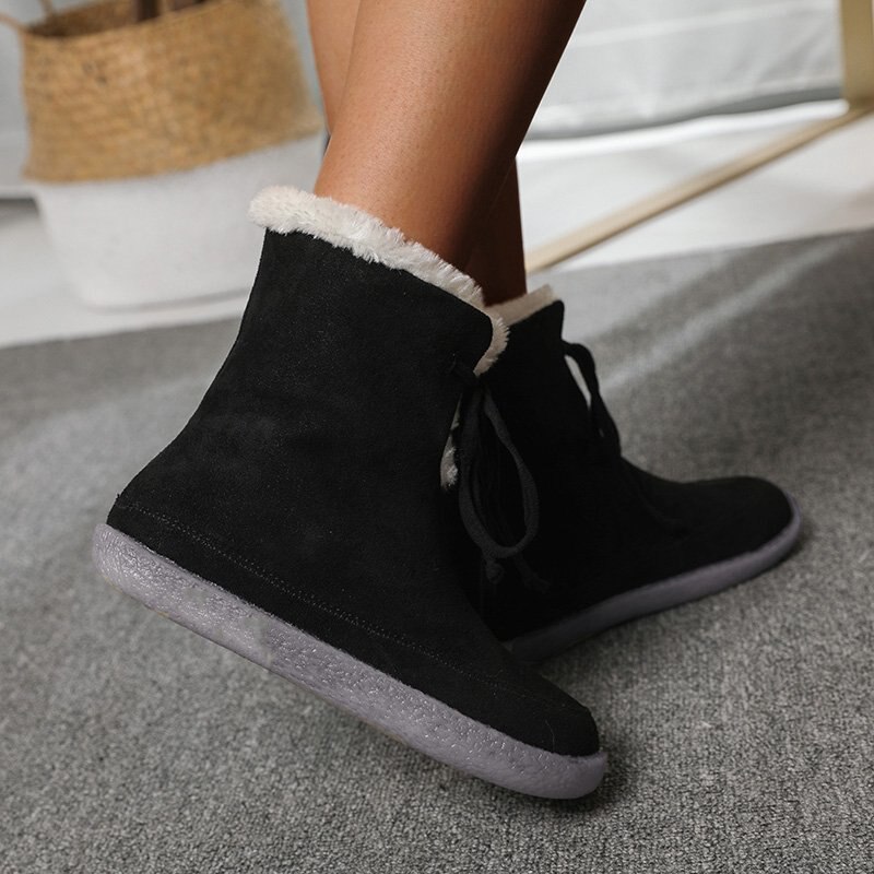 Femmes bottes de neige mi-mollet chaussures antidérapant hiver dames chaussures plates décontracté lacets en peluche chaussures femme grande taille