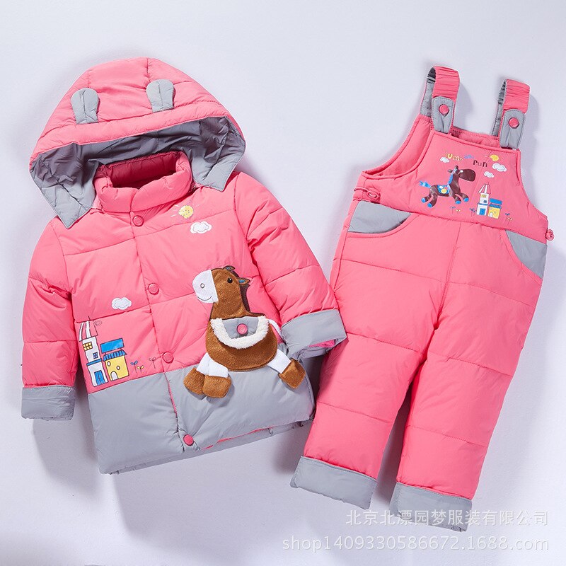 Manteau d'hiver duvet de canard pour enfants | Ensemble de vêtements pour enfants, veste à capuche, pantalon, ensemble combinaison, dessin animé poney, combinaison de neige TZ123