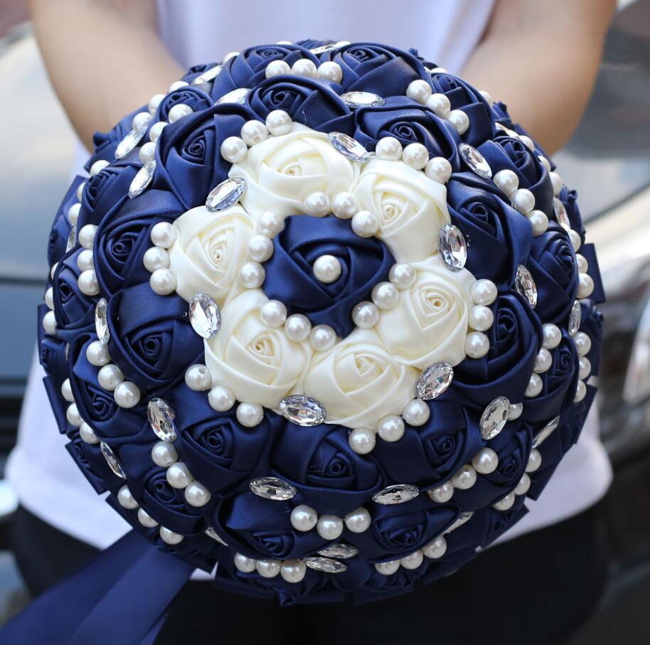 JaneVini Navy Blue Pearl Beaded Flwer Wedding Boquet Bride Satin Flower Bouquets Crystal Rose Bridal Bouquet bruids boeket: Default Title
