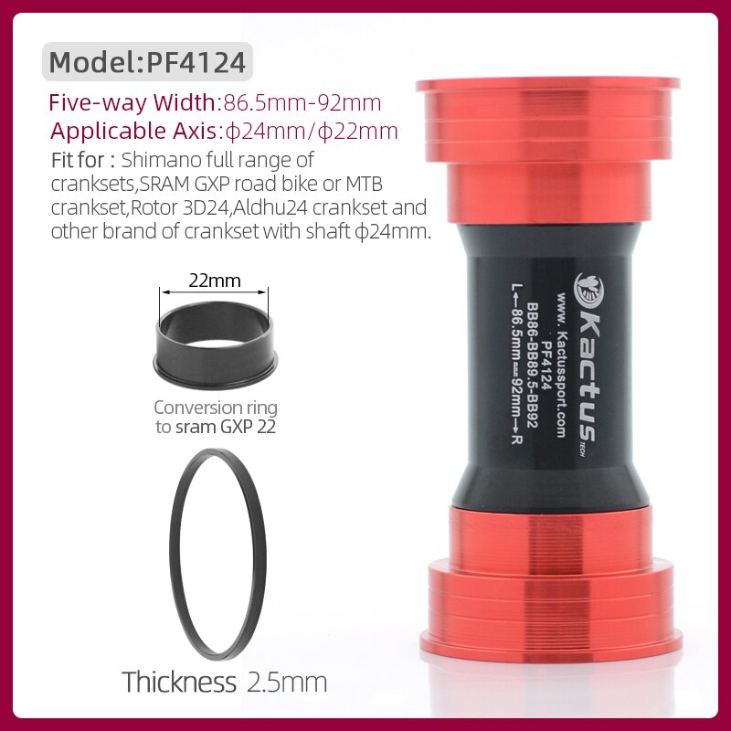 KACTUS Bottom Bracket PF4124 BB86 BB92 for Shimano/SRAM GXP Pressfit 41mm width 86.5-92 Ceramic Bearing 24mm Crankset Bike Parts: Red