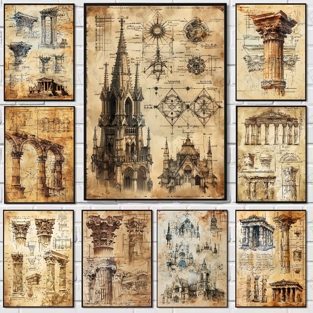 Retro Roman Architectural Poster Home Living Bed Room Bar Hallway Sticky Wall Art Printing Waterproof Aesthetic Decor