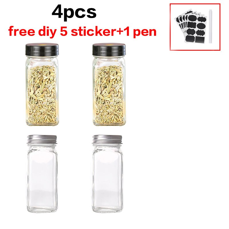 Kitchen Four Square Glass Jar Lid Seasoning Box Barbecue Seasoning Jar Seasoning Jar Pepper Bottle Chicken Essence Seasoning Jar: 4pcs
