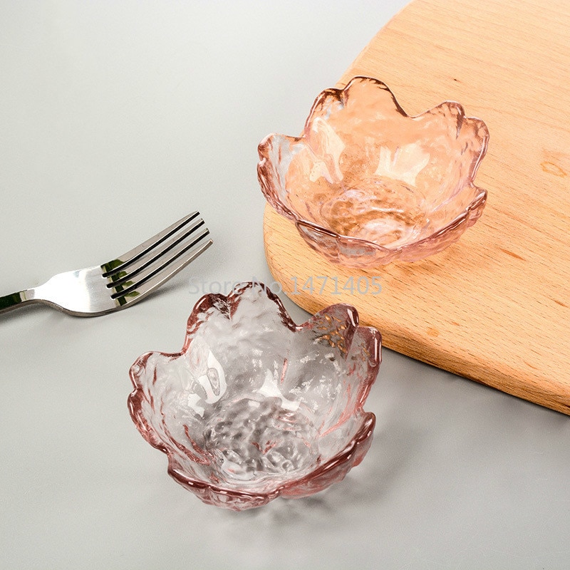 Japanese Sakura Small Plate Transparent Pink Purple Glass Seasoning Plate Hammered Five-petal Plate Rose Bowl Tableware