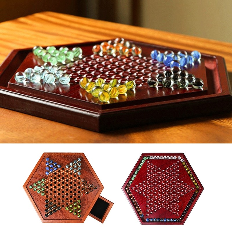 Juego de la familia juego de damas Hexagonal tipo cajonera damas canicas de vidrio de las Damas de madera tablero de adultos niños Interior de almacenamiento