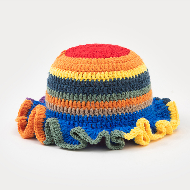 Colorful Crochet Ruffle Brim Knit Bucket Hats Winter Woman Handmade Stretch Fisherman Cap Outdoor Warm Windproof Beanie Hat
