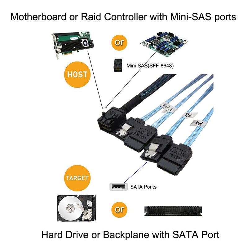 Internal 12G HD Mini SAS SFF-8643 to 4 x SATA Cable Hard Drive Cable,HD Mini SAS Host/Controller to 4 SATA Target/Backplane