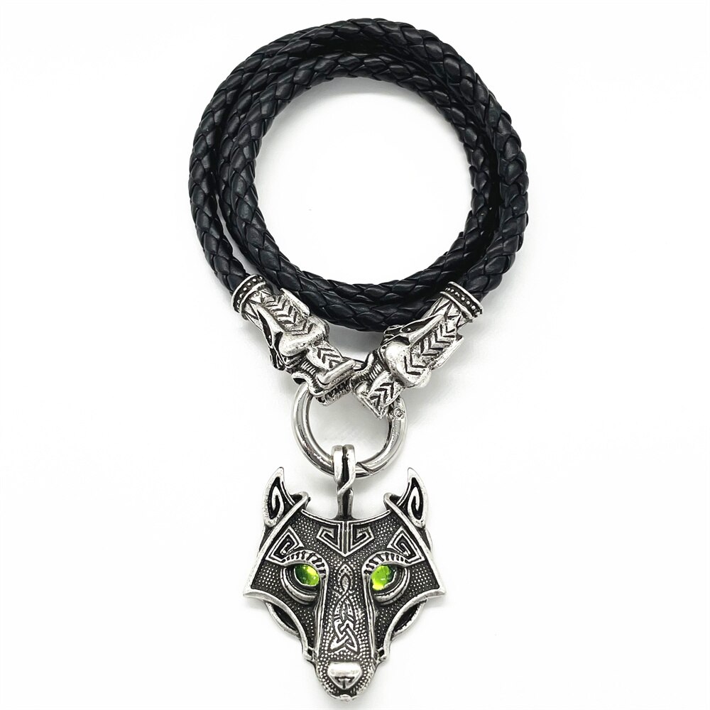 Vintage Groene Ogen Wolf Amulet Hanger Gothic Accessoires Viking Ketting Dubbele Wolven Heads Lederen Ketting Sieraden Voor Mannen