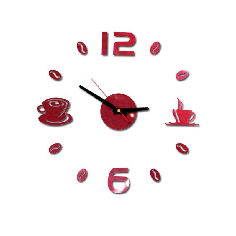 Horloge murale à Quartz à effet miroir 3D, auto-adhésive, moderne, Art acrylique, silencieuse, décoration pour la cuisine, tasses de café: Rouge