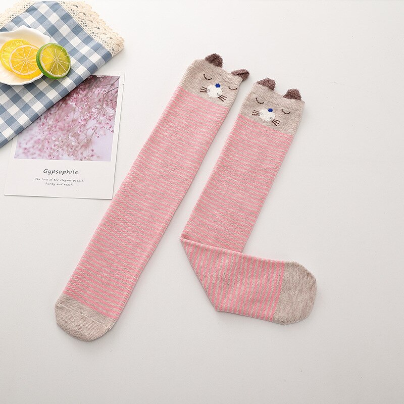 Babysokjes katoenen meisjeskousen driedimensionale cartoon kousen kniekousen lente en herfst baby halfhoge laarzen \n sokken: Roze krijtstreepbeer