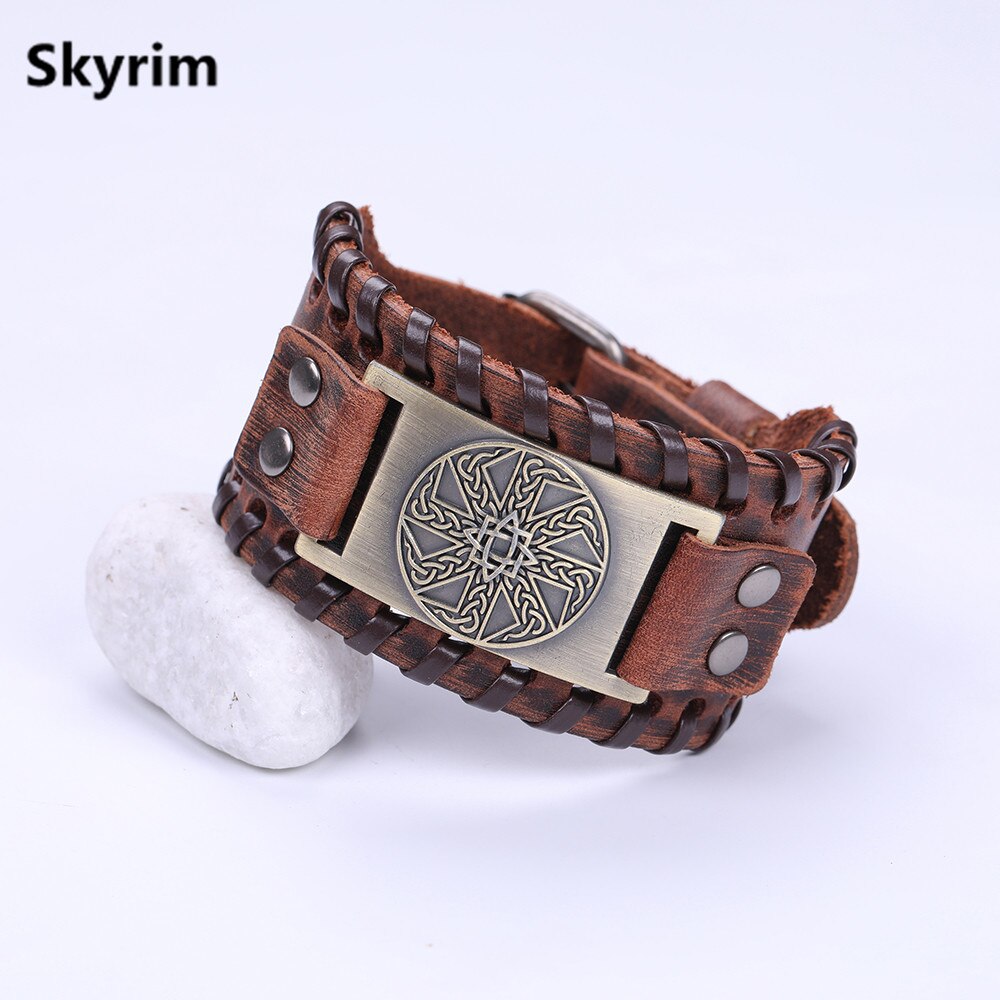 Skyrim-pulsera de cuero eslava para hombre, anís estrellado, amuleto redondo cerrado, pulsera ancha trenzada, brazalete Vikingo, joyería Vintage: Wide brown-bronze