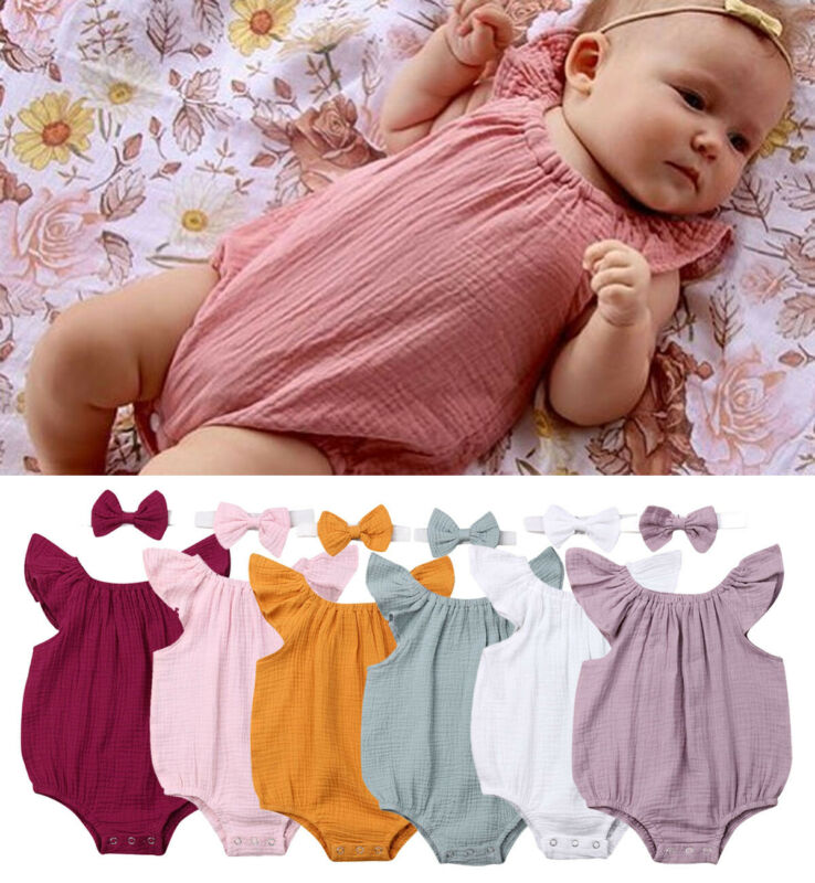 Summer Newborn Baby Girls Boys ruffled Romper Jumpsuit with headband Outfits Clothes Sunsuit 2pcs