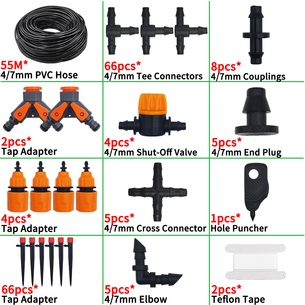 Drip Irrigation System 1/4'' Hose Adjustable 13CM Sprinkler Kit 4-Way Micro Watering Flow for Garden Flowers Vegetables: MULTI