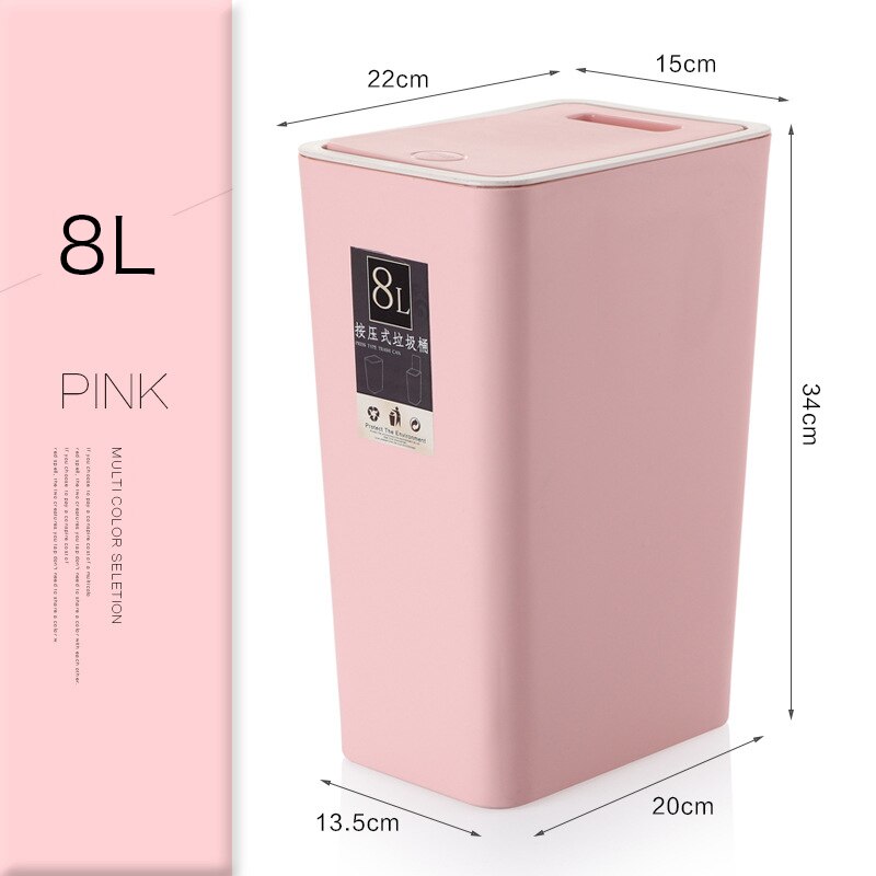 8L de basura de plástico estrecha tipo de prensa cocina, aseo residuos Bin habitación cuarto de baño cesto con tapa cubo basura doméstico: Ljt-8 Pink 8L
