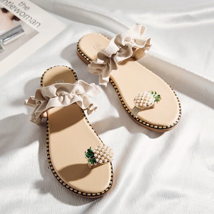 Summer Flat Heel Women Ladies Sandals toe ring Bohemia Sandals With ananas Flat Shoe Outdoor Slides 35-39: Beige / 5