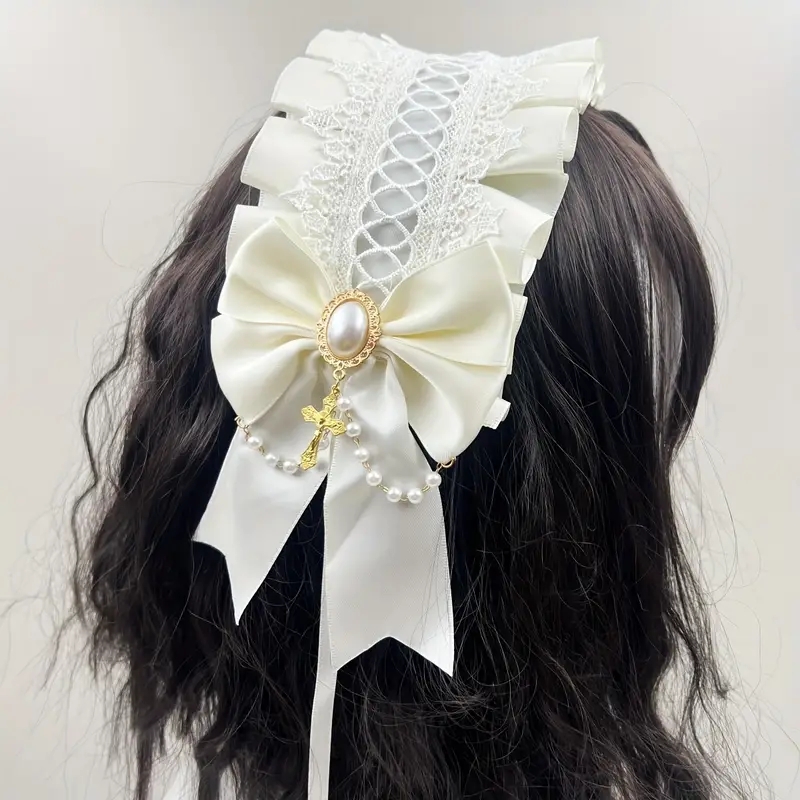Coiffure gothique Lolita large en dentelle pour femmes, accessoires pour cheveux polyvalents faits à la main, bandeaux de Cosplay mignons, épingle à cheveux douce: WHITE