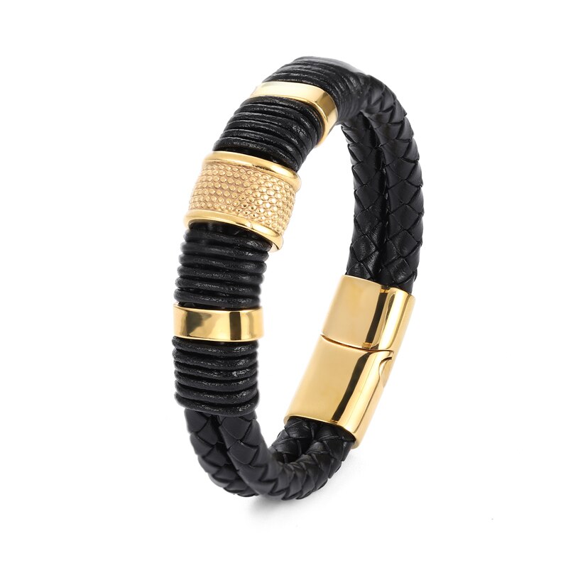 MingAo Stainless Steel Charm Charkra Magnetic Black Bracelets for Men Leather Leather Tennis Bangles Jewelry Accessories Friends: golde / 22.5cm