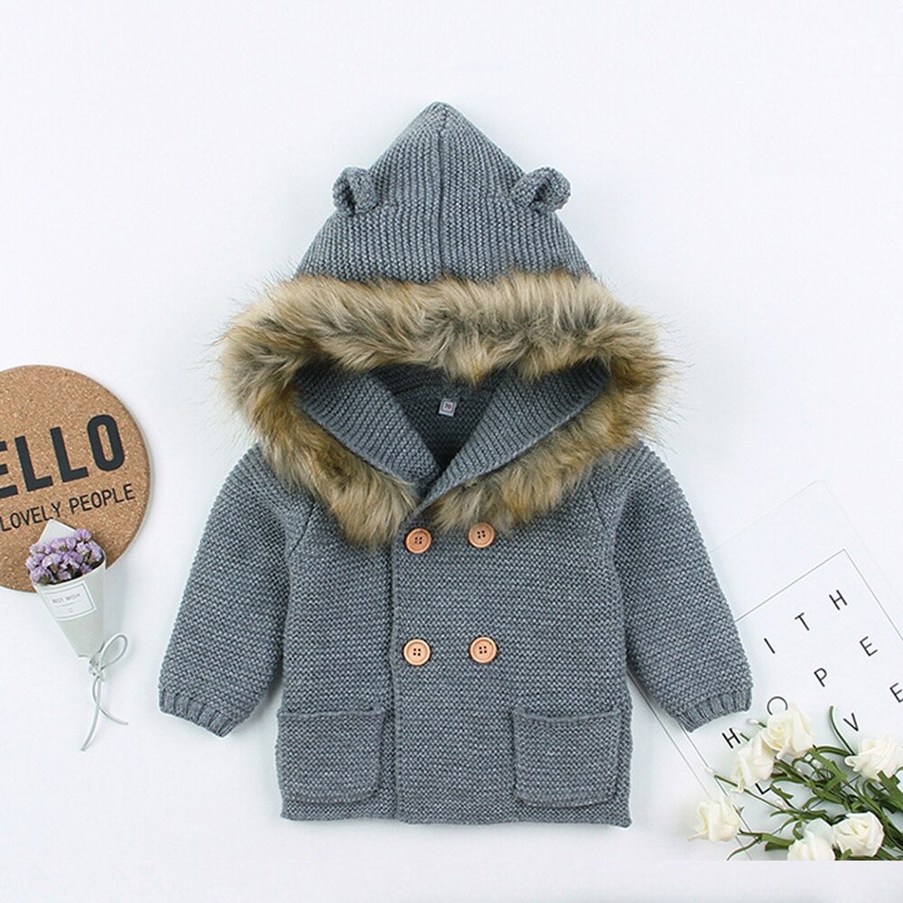 Vinter varm bebis pojke flicka stickade kappor nyfödd pälskrage huva jacka knappar ytterkläder unisex bebiskläder 0-24m: Grå / 12m