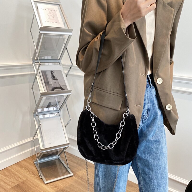 Herfst Winter Schouder Onderarm Tassen Voor Vrouwen Pluche Effen Kleur Messenger Bag Reizen Straat Keten Zakken