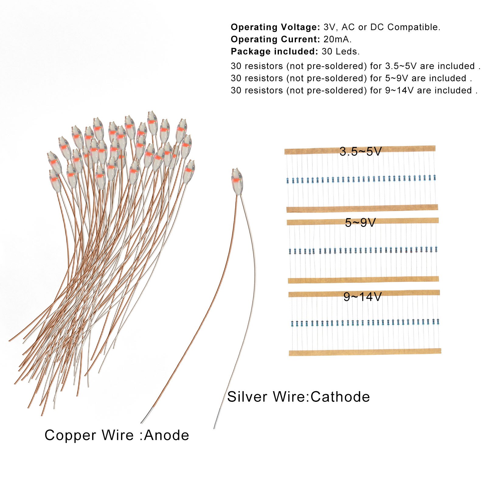 30pcs/60pcs Pre-wired Micro Litz Lead SMD 0603 LEDs Red Light 20cm Wire Resin Cover CD0603R