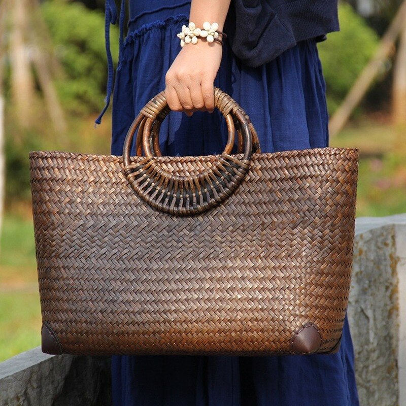 22 Stijl Strozak Rotan Houten Handvat Retro Geweven Zak Emmer Zak Grote Strand Tas