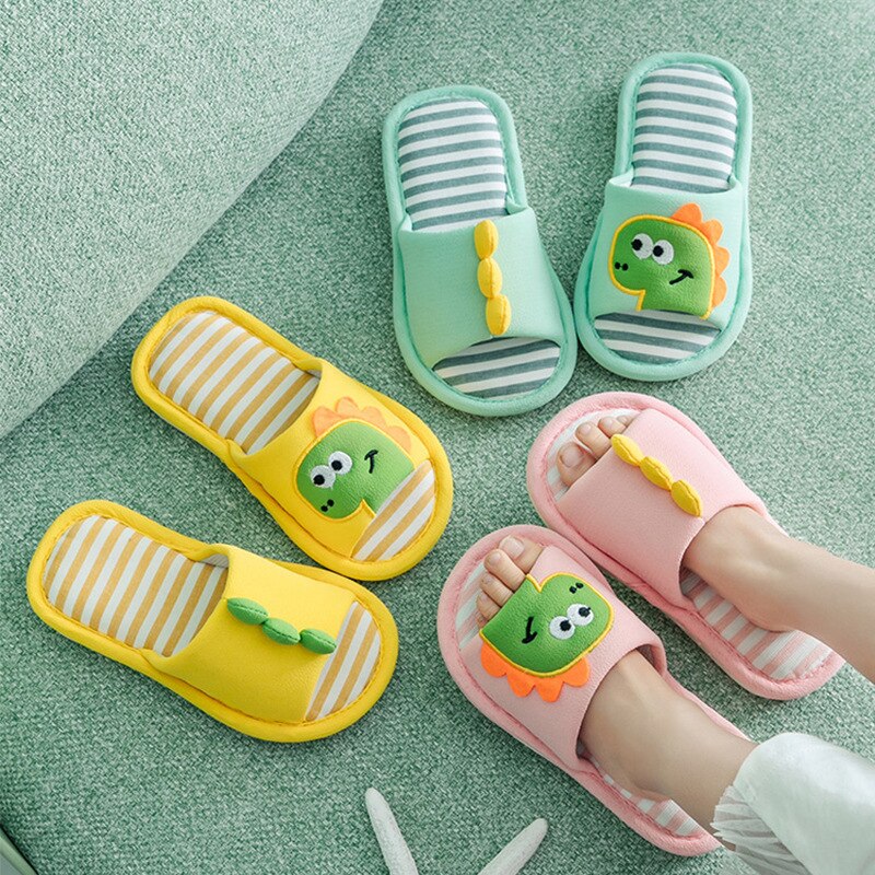 Printemps automne enfants pantoufles pour garçons filles fond souple anti-dérapant intérieur maison chaussures enfants dinosaure respirant lin pantoufles