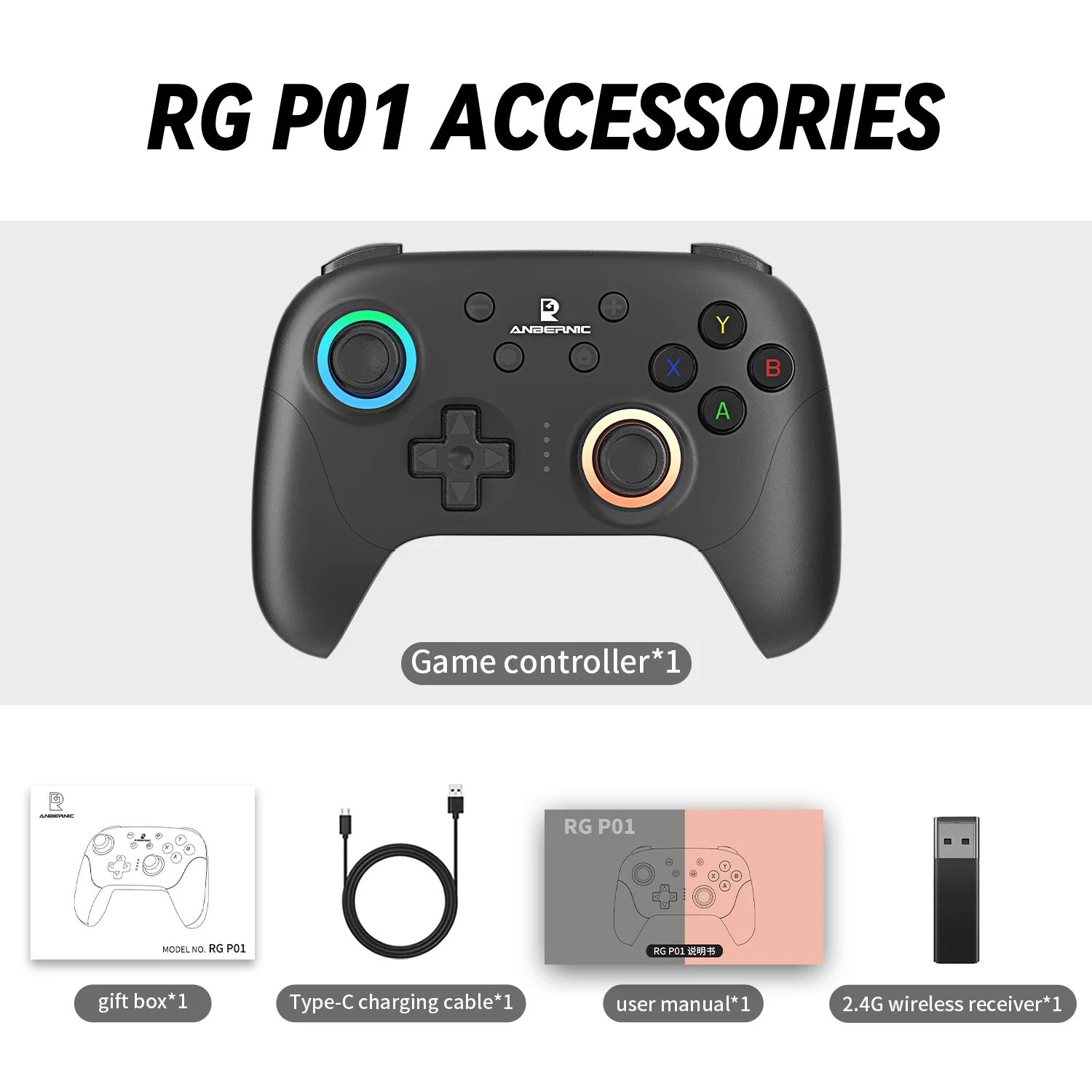 ANBERNIC RG P01 RGP01 Gamepad Game Controller Hall Effect Joystick XBOX Wired Wireless Bluetooth For PC Android IOS Steam RGB: black